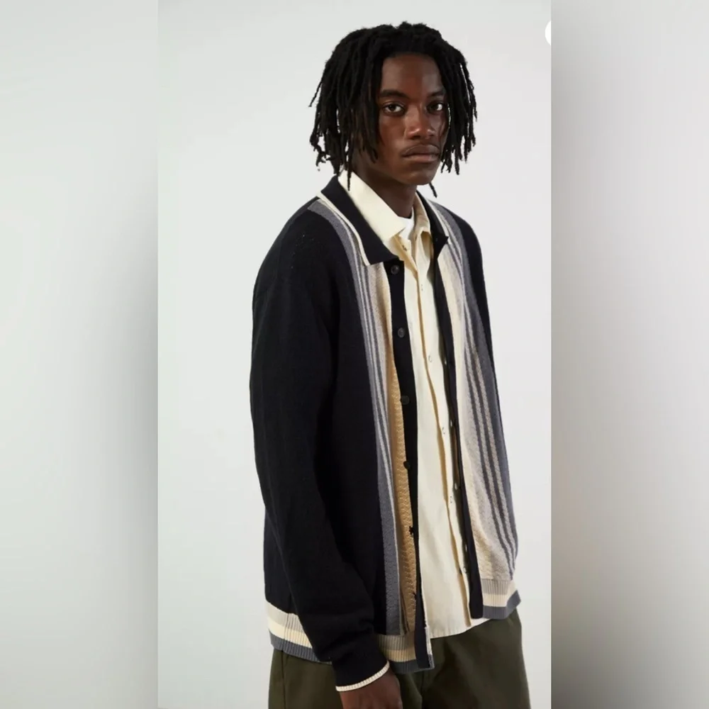 Urban Outfitters Men’s Button-Down Polo Sweater Size L Black Grey Cream Cotton